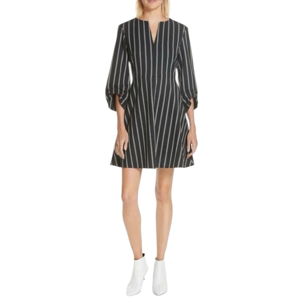 Tibi Ruched Sleeve Striped V-neck Mini Fit and Flare Dress In Navy
